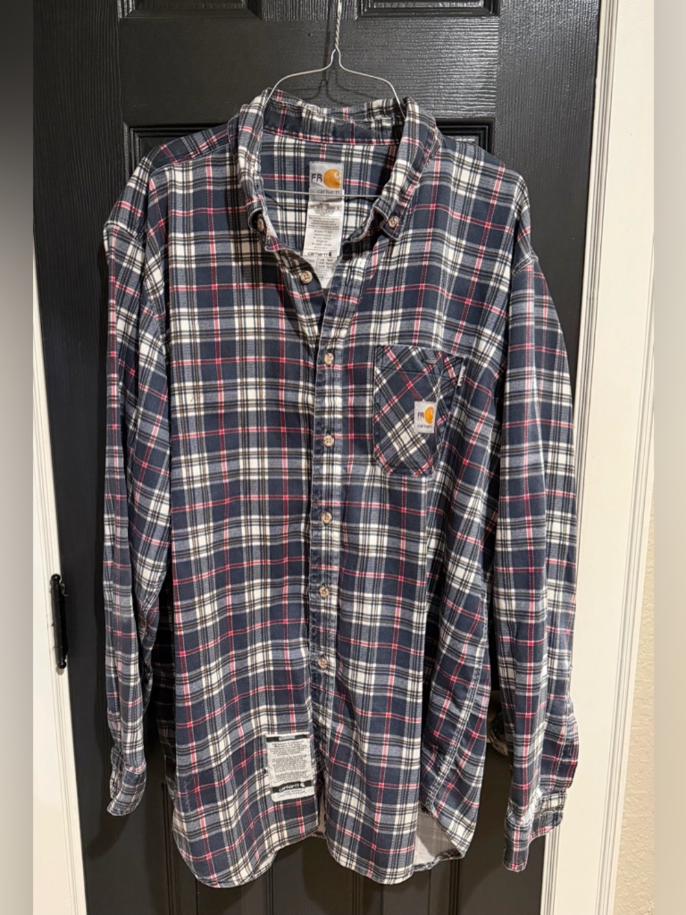 Carhartt Men's FR Navy, White & Red Plaid Button-Down Shirt